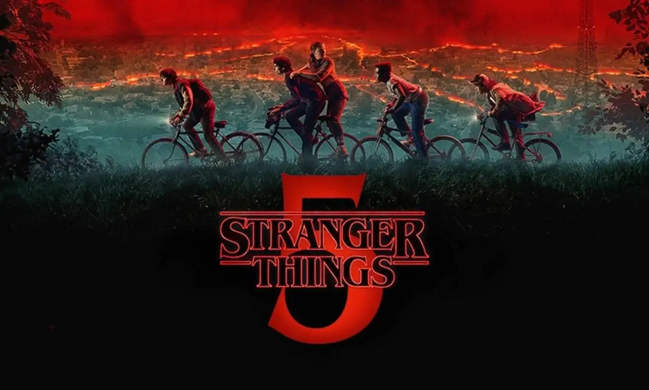 Diseño promocional de Stranger Things 5 con los personajes en bicicletas.